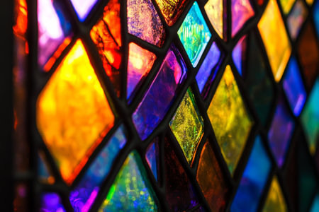 Patterned stained glass texture, vibrant geometric designs with rich jewel tones and subtle light refractionsの素材