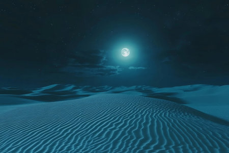 Rippled sand dune texture under moonlight, soft shadows and cool tones creating a tranquil desert sceneの素材