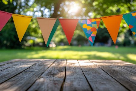 A wooden table adorned with colorful triangular festival flags in a park setting. The flags, in bright hues, add a festive vibe, while the blurred background creates a dreamy atmosphere, emphasizing the outdoor celebration.の素材