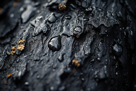 A close-up of wet tree bark texture, detailed roughness with small patches of lichen and droplets of water reflecting lightの素材