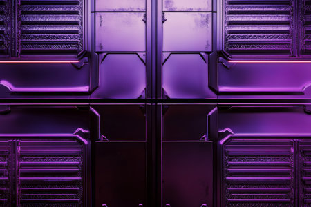 A futuristic titanium wall with glowing purple patterns and sharp, sleek details, perfect for sci-fi concepts.の素材