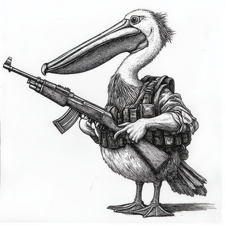 A pelican holding a rifle in its beak, wearing military-style clothing, blending whimsy with satire. The sketch engraving emphasizes the birdÃ¢â¬â¢s distinct features in bold black-and-white.の素材