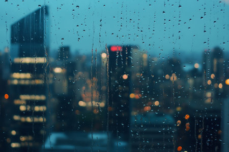 Rainy window texture, water droplets creating streaks on glass, capturing city lights blurred in the backgroundの素材