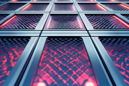 A futuristic metal surface with a repeating triangular pattern and glowing neon accents.の素材