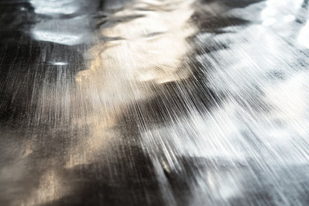 A lightly brushed stainless steel background with subtle horizontal grain and soft reflective properties.の素材