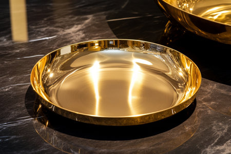 A polished brass plate with smooth, reflective golden tones, exuding luxury and warmth.の素材