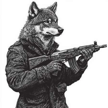 A wolf holding a rifle, dressed in military-style clothing, symbolizing irony or natureÃ¢â¬â¢s revenge. The scratchboard engraving emphasizes sharp contrasts and detailed textures, rendered in bold black-and-white on a white background.の素材