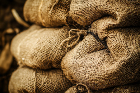 Rough burlap sack texture, coarse woven fibers in earthy brown tones, creating a rustic and natural feelの素材