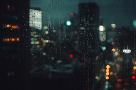 Rainy window texture, water droplets creating streaks on glass, capturing city lights blurred in the backgroundの素材
