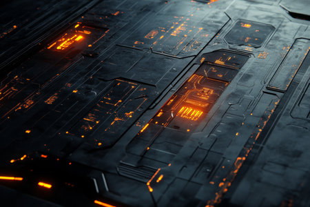 A futuristic metal surface with glowing circuit patterns, evoking a high-tech sci-fi aesthetic.の素材