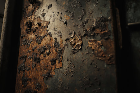 A corroded iron sheet with dark, uneven rust patterns and visible signs of weathering, perfect for gritty industrial designs.の素材