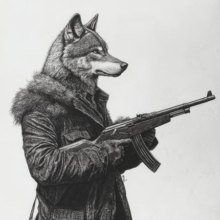 A wolf holding a rifle, dressed in military-style clothing, symbolizing irony or natureÃ¢â¬â¢s revenge. The scratchboard engraving emphasizes sharp contrasts and detailed textures, rendered in bold black-and-white on a white background.の素材