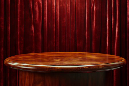 A wooden podium with a polished surface, standing in front of rich red velvet curtains. The scene is set for a political speech or debate, with the spotlight focused on the podium, conveying a sense of power and formality.の素材