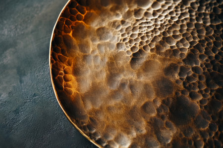 A hammered bronze surface with a textured, uneven finish and warm metallic tones, showcasing artisanal craftsmanship.の素材