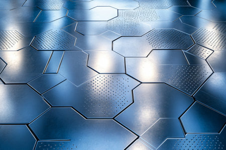 A futuristic metal surface with hexagonal patterns and metallic blue highlights, perfect for tech-inspired concepts.の素材