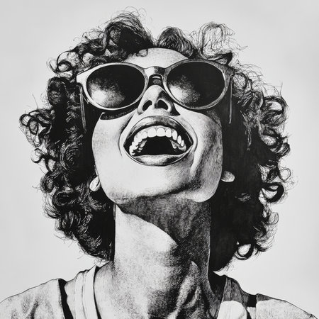 A joyful woman with curly hair and stylish sunglasses, exuding a carefree, relaxed vibe in a retro fashion. The detailed scratchboard engraving captures her energetic and laid-back expression in black-and-white on white background.の素材
