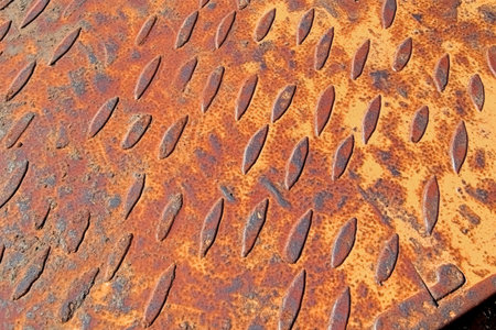 A rusty diamond plate with raised cross-hatched patterns, blending industrial toughness with a weathered look.の素材