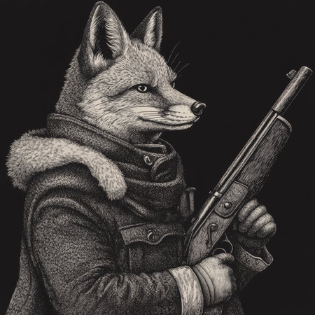 A fox holding a rifle, wearing vintage military-style clothing, embodying cunning and natureÃ¢â¬â¢s revenge. The engraving captures fine fur textures and uniform details in bold black-and-white.の素材