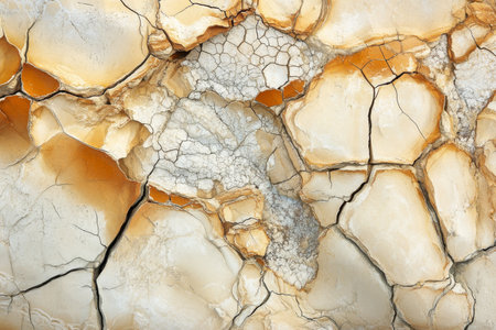 Cracked dried riverbed texture, intricate patterns in shades of brown, with traces of white mineral depositsの素材