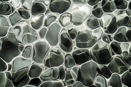 Shimmering riverbed texture, smooth pebbles under clear water with dynamic light refraction patternsの素材