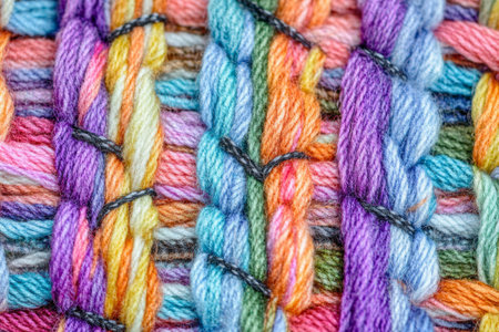 Handwoven fabric texture, tightly knit with vibrant threads forming a symmetrical pattern, soft and colorfulの素材