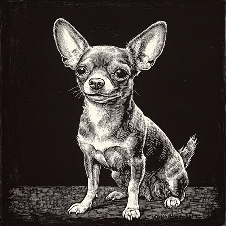 A joyful Chihuahua with large ears and a wagging tail, embodying its spunky and friendly nature. The scratchboard engraving emphasizes its small size and lively personality in black-and-white.の素材