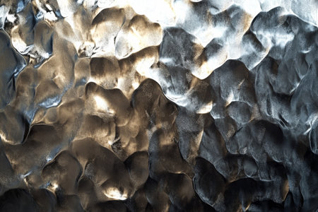 A hammered metal surface with irregular dents and textures, reflecting light in unique patterns.の素材