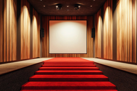 A modern cinema hall with a vibrant red carpet leading up to a large empty white mock-up banner on the wall. The wooden accents on the walls and floors add a sleek, contemporary feel to the space, emphasizing the blank banner for customization.の素材