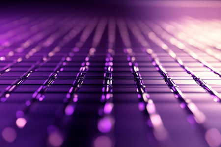 A futuristic metal grid with glowing purple lines and sleek geometric precision, ideal for tech themes.の素材