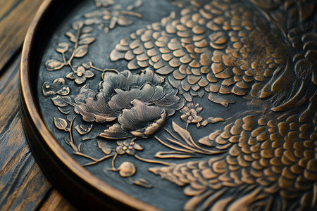 A bronze metal plate with intricate engravings and a soft, warm patina, evoking a sense of artistry and craftsmanship.の素材