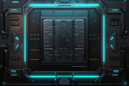 A futuristic chrome grid with glowing blue highlights and clean geometric details, ideal for sci-fi aesthetics.の素材