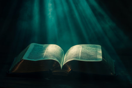 A close-up of an open Bible on a dark, nearly black background. Rays of light shine down from above, casting a heavenly glow on the pages, highlighting the sacred words and creating a sense of divine inspiration and peace.の素材