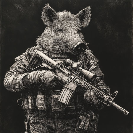 A boar holding a rifle, clad in rugged military gear, representing raw strength and natureÃ¢â¬â¢s revenge. The scratchboard engraving emphasizes textures and dramatic contrasts in black-and-white.の素材