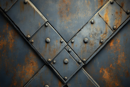 A scratched steel background with heavy wear and rust patches, adding a bold, industrial edge.の素材