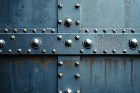 A riveted metal plate background with visible bolts and seams, adding a heavy-duty industrial feel.の素材