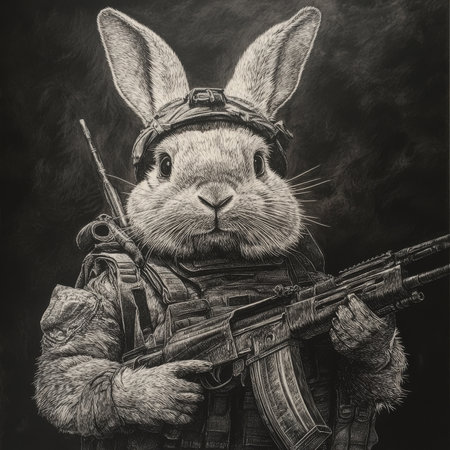 A rabbit with a determined expression, holding a rifle and dressed in military gear, symbolizing irony and survival. The scratchboard engraving details of its fur and outfit in stark black-and-white.の素材