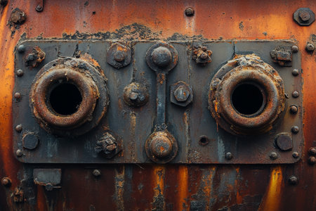 A rusty metal background with a blend of orange and dark brown tones, showing natural decay and age.の素材