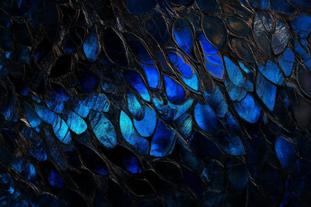 Iridescent butterfly wing texture, intricate patterns in vibrant blue and black tones with metallic reflectionsの素材