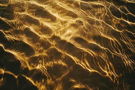 Underwater ripple texture, light playing over sandy seabed in shallow water, creating wavy, abstract patternsの素材