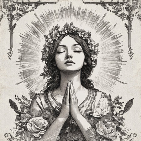 A woman with a peaceful expression, adorned with a radiant halo and floral decorations, her hands gracefully joined in prayer. The vintage-style engraving captures spiritual harmony in detailed black-and-white on white background.の素材