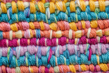 Handwoven fabric texture, tightly knit with vibrant threads forming a symmetrical pattern, soft and colorfulの素材