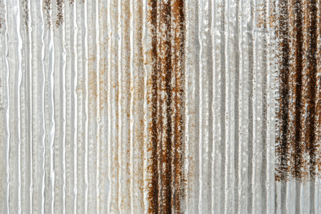 A corrugated tin sheet with aged ridges and a mix of silver and rusted brown patches, perfect for vintage themes.の素材