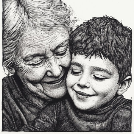 A loving grandmother with gentle features embracing her young grandson, both smiling warmly, symbolizing family love and generational bonds. The intricate scratchboard engraving captures their expressions and textures in bold black-and-white on white background.の素材