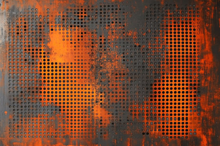 A rusted perforated metal sheet with a mix of orange and dark brown tones, emphasizing its aged, industrial look.の素材