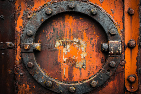 A rusty metal background with a blend of orange and dark brown tones, showing natural decay and age.の素材