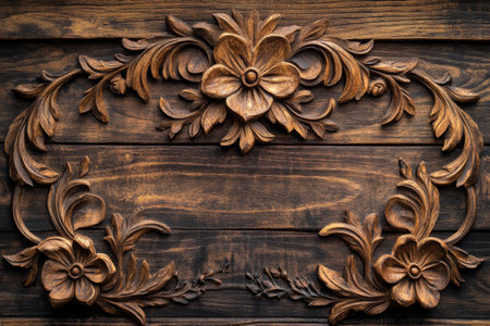 A wooden background with intricate carvings and a rustic finish, perfect for traditional or vintage-themed decor.の素材