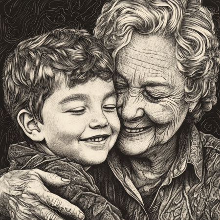 A loving grandmother with gentle features embracing her young grandson, both smiling warmly, symbolizing family love and generational bonds. The intricate scratchboard engraving captures their expressions and textures in bold black-and-white on white background.の素材