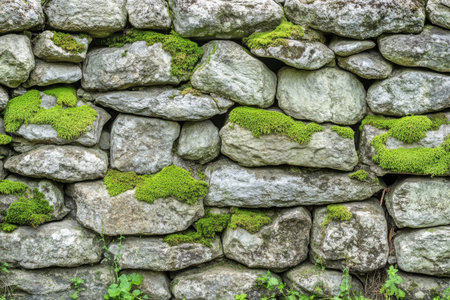 Moss-covered stone texture, showcasing lush green layers of moss growing unevenly over weathered, rough gray rock, detailed and organicの素材
