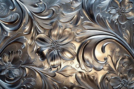 A metallic surface with an engraved floral pattern, blending artistic craftsmanship with a polished silver finish.の素材