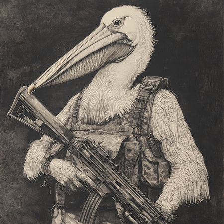 A pelican holding a rifle in its beak, wearing military-style clothing, blending whimsy with satire. The sketch engraving emphasizes the birdÃ¢â¬â¢s distinct features in bold black-and-white.の素材